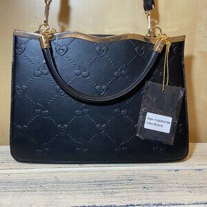 Grossi New York Embossed Cherry & Heart Tote – Black w/ Gold Trim